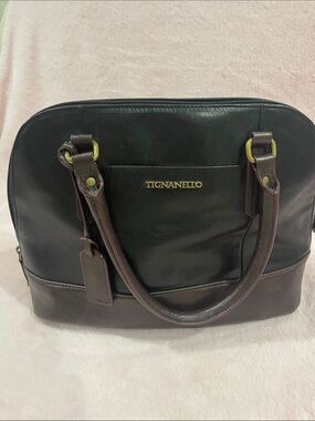 Tignanello Black Leather Tote with Brown Trim and Gold Accents